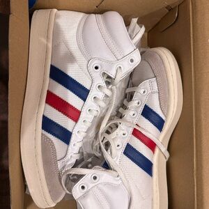 Adidas White Sneakers with Red and Blue Stripes